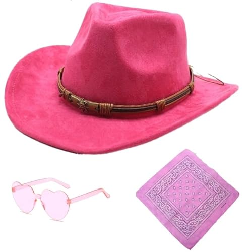 Raveparty Cowgirl-Hut, rosa Cowboyhut für Damen, Cowgirl-Hut, Damen, Cowboyhut mit rosa Hijab-Herz-Sonnenbrille, für Damen, Cowboyhüte, Pferdeshows, Karneval, Halloween (Stil 3) von Raveparty