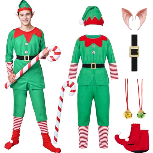 Raveparty Elfenkostüm für Erwachsene, Elfenkostüm für Damen und Herren, Elfen-Outfit mit Mützen, Socken, Elfenohren, aufblasbarer Rohrglocke für Damen und Herren, Weihnachtskostüme (Herren, S) von Raveparty