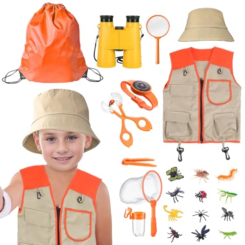 Raveparty Explorer Kostüm Kinder, Kids Explorer Kit, Bug Hunting Kits für Kinder mit Lupe Abenteuer Weste Hut Kompass Teleskop Insektennetz für Jungen Mädchen Welttag Camping (Orange) von Raveparty