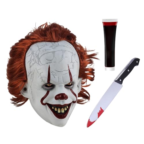 Raveparty Gruselige Clownmaske Joker Maske Halloween Masken Erwachsene Gruselige Maske Halloween Clown Maske Set mit Kunststoffmesser für Halloween Party (M) von Raveparty