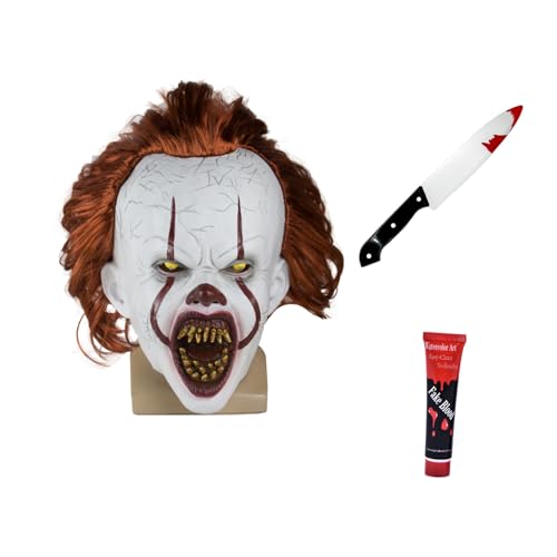 Raveparty Gruselige Clownmaske Joker Maske Halloween Masken Erwachsene Gruselige Maske Halloween Clown Maske Set mit Kunststoffmesser für Halloween Party (S) von Raveparty