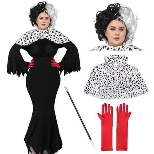 Raveparty Halloween Kostüm Damen, Schwarzer und Weißer Kleid mit Handschuhe, Karneval Kostüm-Outfits, Faschingskostüme damen (L) von Raveparty