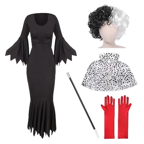 Raveparty Halloween Kostüm Damen, Schwarzer und Weißer Kleid mit Handschuhe, Karneval Kostüm-Outfits, Faschingskostüme damen (L) von Raveparty