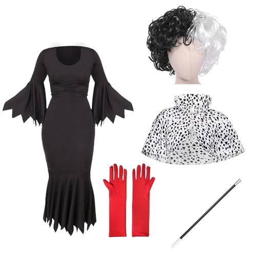 Raveparty Halloween Kostüm Damen, Schwarzer und Weißer Kleid mit Handschuhe, Karneval Kostüm-Outfits, Faschingskostüme damen (S) von Raveparty