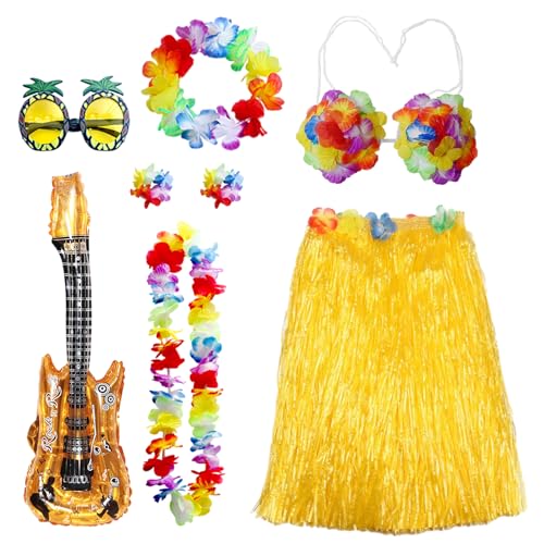 Raveparty Hawaii Fasching, Hawaii-Girlande, Hawaii-Verkleidung Frauen mit Hula-Rock, Lei Ananas-Brille, Aufblasbare Gitarre für Sommer Party Zubehör für Erwachsene (A) von Raveparty