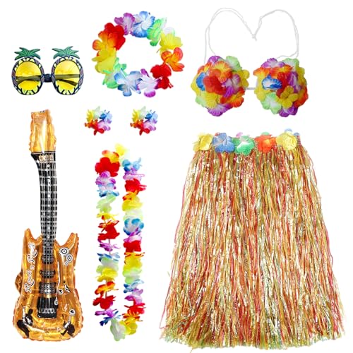 Raveparty Hawaii Fasching, Hawaii-Girlande, Hawaii-Verkleidung Frauen mit Hula-Rock, Lei Ananas-Brille, aufblasbare Gitarre für Sommer, Partyzubehör für Erwachsene (B) von Raveparty