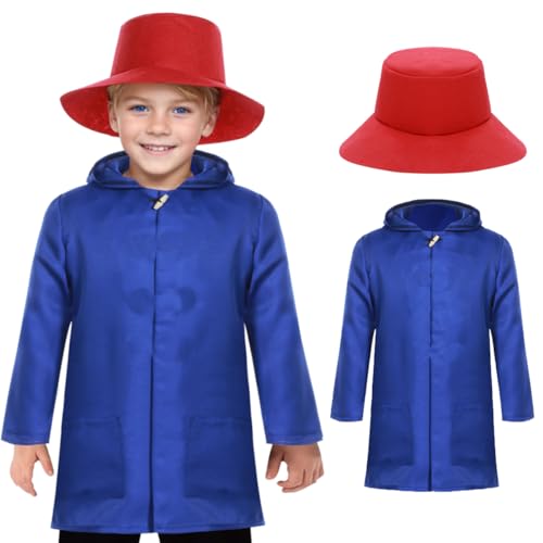 Raveparty Kids Storybook Bärenkostüm mit blauem Dufflecoat, roter Hut für Jungen und Mädchen, Welttag des Buches, Cosplay-Kostüm (Blau, M) von Raveparty