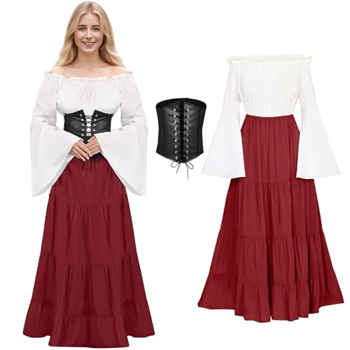 Raveparty Mittelalter Kostüm für Damen, Renaissance Kleid Damen, Mittelalter Kleidung, Gothic Retro Kleid Karneval Halloween Faschingskostüme (Style A, L) von Raveparty