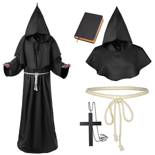 Raveparty Mönch Kostüm Herren, Mönchskutte Kinder, Halloween Kostüm Herren Mönch, Karneval Halloween Party Cosplay Rollenspiel Outift ((Erwachsene) Schwarz+Buch, S) von Raveparty