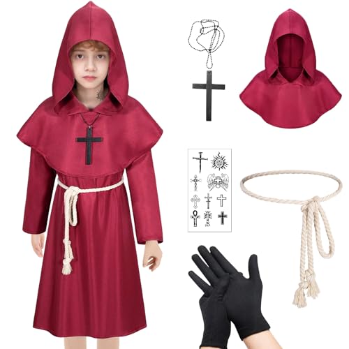 Raveparty Mönch Kostüm Herren, Mönchskutte Kinder, Halloween Kostüm Herren Mönch, Karneval Halloween Party Cosplay Rollenspiel Outift ((Kinder) Burgunderrot, 150) von Raveparty