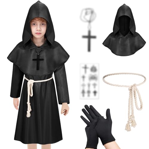 Raveparty Mönch Kostüm Herren, Mönchskutte Kinder, Halloween Kostüm Herren Mönch, Karneval Halloween Party Cosplay Rollenspiel Outift ((Kinder) Schwarz, 110) von Raveparty