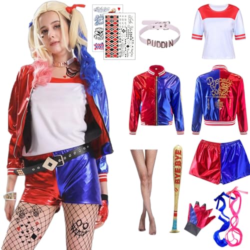 Raveparty Quinn Kostüm, Halloween Karneval Kostüm Damen&Kinder, Mädchen Kostüm-Outfits mit Oberteile, Shorts, Kragen, Perücke, Strümpfe, Tattoo, Baseballschläger, für Cosplay (Damen, 2XL) von Raveparty