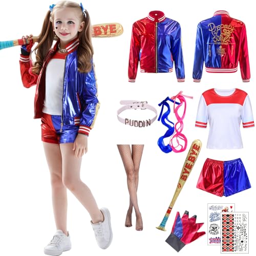 Raveparty Cosplay Kostüm, Halloween Karneval Kostüm Damen&Kinder, Mädchen Kostüm-Outfits mit Oberteile, Shorts, Kragen, Perücke, Strümpfe, Tattoo, Baseballschläger, für Cosplay (Mädchen, 110) von Raveparty