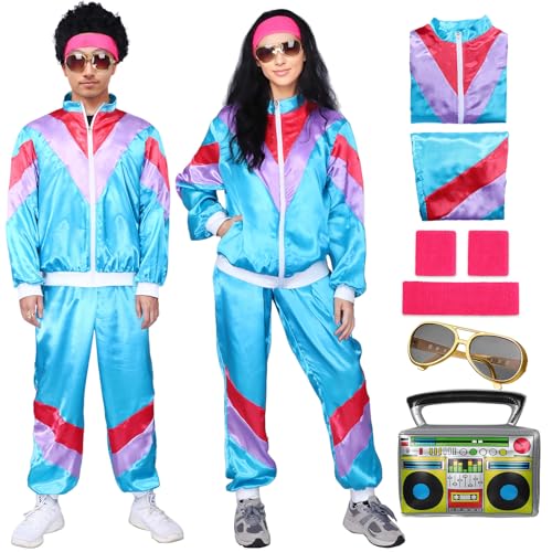 Raveparty Shell Suits 80er Jahre Verkleidung für Paare Männer Frauen Disco Outfits mit Sportbekleidung Anzug Aufblasbare Radio Armbänder Stirnband Sonnenbrille für Karneval Halloween Party (Blau, M) von Raveparty