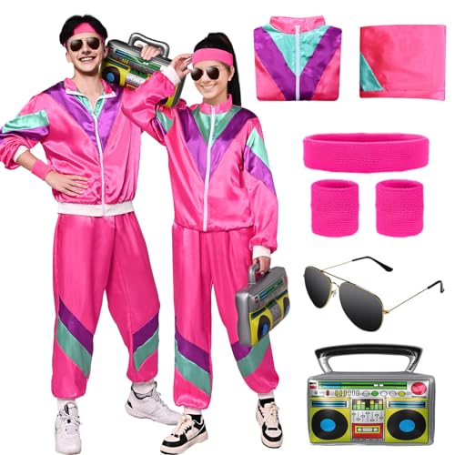 Raveparty Shell Suits 80er Jahre Verkleidung für Paare Männer Frauen Disco Outfits mit Sportbekleidung Anzug Aufblasbare Radio Armbänder Stirnband Sonnenbrille für Karneval Halloween Party (Rose Red, von Raveparty