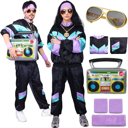 Raveparty Shell Suits 80er Jahre Verkleidung für Paare Männer Frauen Disco Outfits mit Sportbekleidung Anzug Aufblasbare Radio Armbänder Stirnband Sonnenbrille für Karneval Halloween Party (Schwarz, von Raveparty