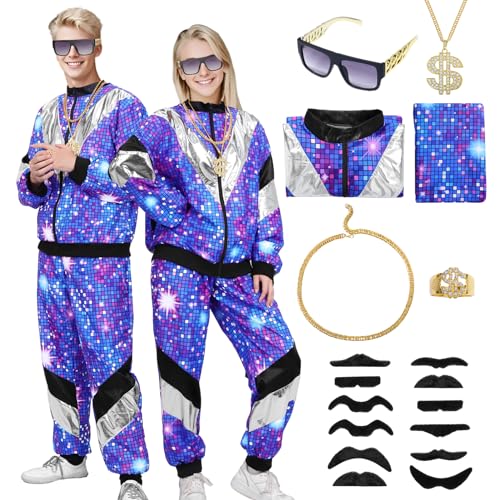 Raveparty Shell Suits 80er Jahre Verkleidung für Paare Männer Frauen Disco Outfits mit Sportbekleidung Anzug Aufblasbare Radio Armbänder Stirnband Sonnenbrille für Karneval Halloween Party von Raveparty