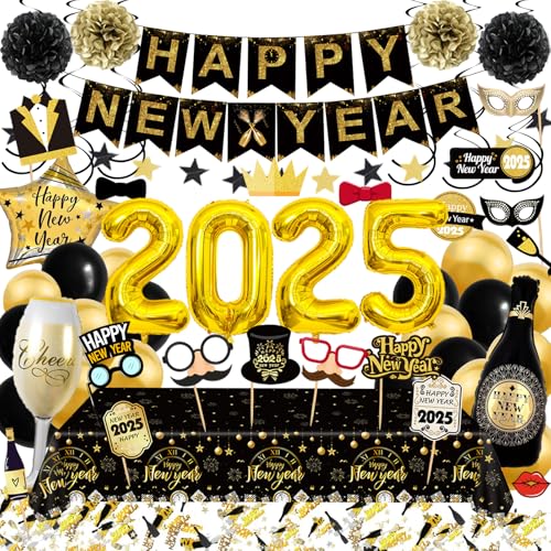 Silvester Deko 2025 XXL, Happy New Year Deko 2025, Silvester Party Zubehör, Luftballons 2025, Foto-Requisiten, Pompoms, Schwarze Gold Konfetti Luftballons, 2025 Banner (Style A) von Raveparty