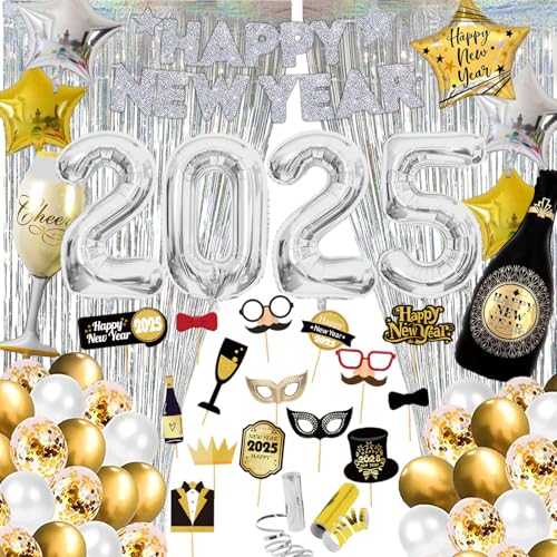 Silvester Deko 2025 XXL, Happy New Year Deko 2025, Silvester Party Zubehör, Luftballons 2025, Foto-Requisiten, Pompoms, Schwarze Gold Konfetti Luftballons, 2025 Banner (Style B) von Raveparty