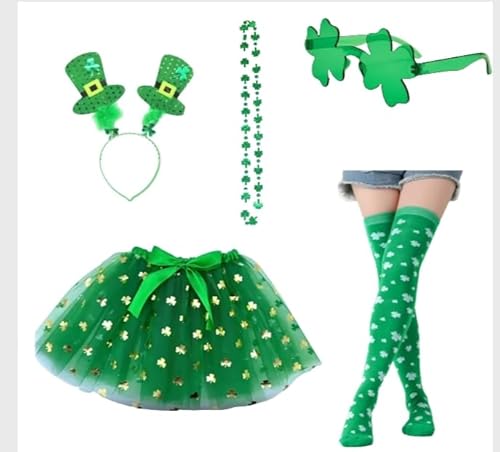 Raveparty St. Patricks Day Outfits, St. Patrick's Day Fancy Dress Women Irish Fancy Dress with Headband Glasses Necklace Skirt Socks for Women St. Patrick's Day von Raveparty