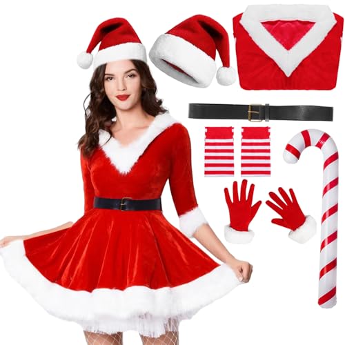 Raveparty Weihnachtskleid für Damen, Set Weihnachtskleid für Damen mit Weihnachtsstrümpfen, Kostüm für Weihnachtsmann Damen für Weihnachtsgeschenke (L) von Raveparty