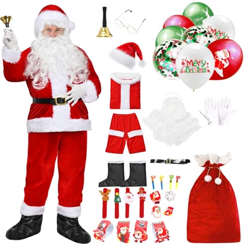 Raveparty Weihnachtsmann-Kostüm, Set mit Weihnachtsmannkleid, Bart, Weihnachtsmütze, Gürtel, Weihnachtsmannsack, Cosplay-Kostüme für Weihnachten (XXXL) von Raveparty