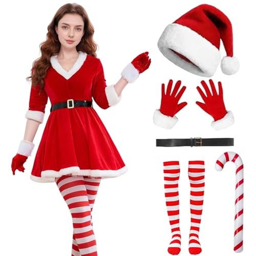 Raveparty Weihnachtsmann Kostüm Damen, Weihnachtskostüm Frauen Nikolaus Kostüm für Erwachsene, Weihnachten Kleid für Damen, mit Weihnachtshut (2XL) von Raveparty