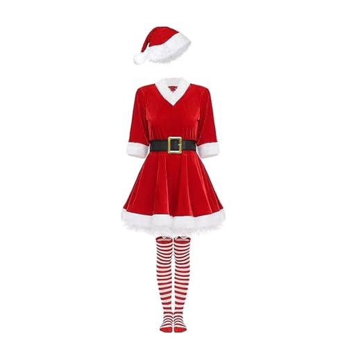 Raveparty Weihnachtsmann-Kostüm für Damen, Weihnachtsmann-Kleid für Damen, Weihnachtsmann-Outfit für Damen mit Hut, Handschuhen, rot gestreifte Socken, aufblasbarer Gehstock für Damen, von Raveparty