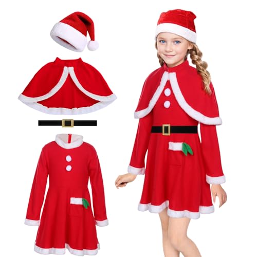 Raveparty Weihnachtsmann-Kostüm für Mädchen, Weihnachtsmann-Kleid, Weihnachtskostüme mit Gürtel, Schal, Hut für Weihnachten, Weltbuchtag (M) von Raveparty