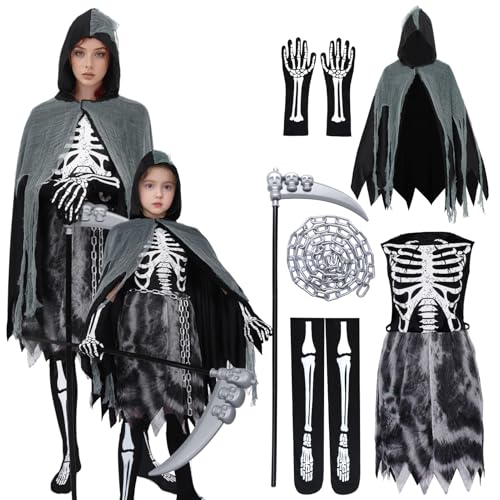 Sensenmann Kostüm Mädchen Damen, Halloween Kostüm Erwachsene Sensenmann, Halloween Kostüm Kinder Sensenmann, Halloween Party Kostüm Karneval Party Outfits Cosplay für kinder (110) (Damen, L) von Raveparty