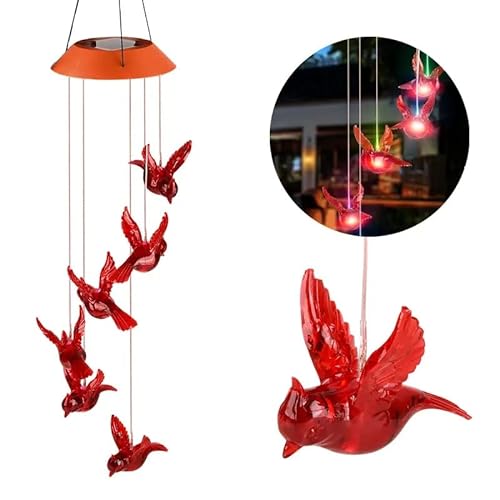 Solarrotes Bird Wind Glockenlicht - Solarbetrieben LED Beleuchtung Windkime Licht Spinner Spiralschnur Hängende Outdoor Dekoration for Mama Oma Tante Kinder Mädchen Haustier von Rawrr