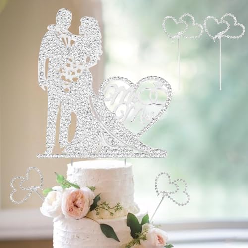 Cake Topper Hochzeit, Hochzeit Tortendeko Brautpaar MR und MRS Topper, Hochzeitstorte Topper Silber mit Strass, für Wedding Engagement Bridal Shower Anniversary Party Kuchen Dekoendeko Zubehör von Rayong