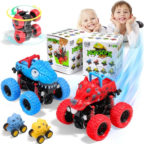 Rayong 4 Stück Monstertruck, 2 Monster Trucks für Kinder und 2 Mini Pull Back Autos, 360 Grad Rotierende Monstertrucks, Trägheitsbetriebene Fahrzeuge für Jungen Kinder ab 3 Jahre von Rayong