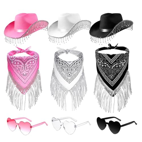 Cowboyhut Set - Cowboy Glitzer Hut Mit Breite Krempe Strass,Cowboyhut Set,Cowboyhut 3 Set Karneval Hut Herzbrille Kostümzubehör Partyhut Partybrille Accessoires Cowboyhut Mit Tiara(White+Black+Pink) von Raypontia