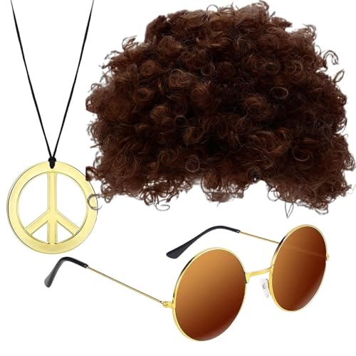 Men Disco Wig Set - Perücke 70er Jahre Herren Disco, 80er Jahre Disco Herren Perücke, 70er Jahre Disco Zubehör Fasching Set - Perücke,Halskette,Schnurrbart Und Sonnenbrille, von Raypontia