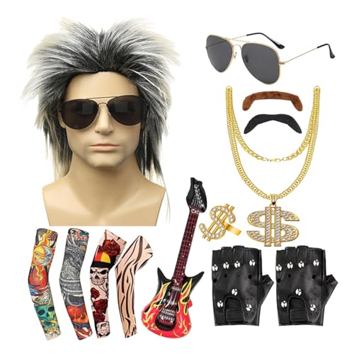 Raypontia 80er-Jahre-Herrenkostüm, 80er-Jahre-Outfits für Männer | Rockstar-Zubehör 13-teilige Rock-80er-Jahre-Kostüme - Themenpartys Hippie-Accessoires, 80er-Jahre-Outfits für Männer, Festivals, von Raypontia