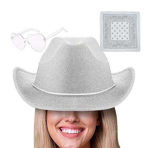 Raypontia Cowboyhüte für Damen, Cowgirlhüte für Damen, Party-Kopfbedeckung, Glitzer-Cowgirl-Hut, 3 glitzernde Hüte mit Bandana und Brille, verstellbarer Westernhut mit Kordelzug, Western-Kostümzubehör von Raypontia