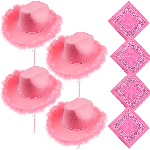 Rcanedny Cowboyhüte mit Federkrempe, Cowgirl-Hut mit Bandana für Damen und Mädchen, Halloween, Cowboyhüte, Party-Set, 4 Stück, Rosa Mütze mit Bandana, L von Rcanedny