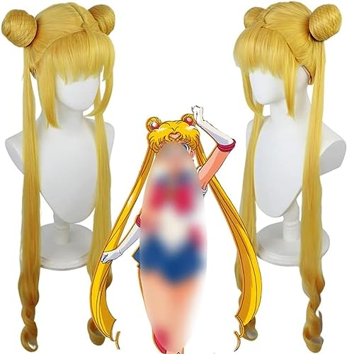 Anime Sailor Moon Tsukino Usagi Cosplay Perücke, Damen Golden Doppel Schachtel halm langes Haar mit Perücken kappe, für Halloween, Kostüm party, Karneval von Rcrllya