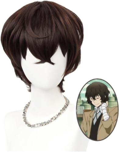 Rcrllya Anime Bungo Streunende Hunde Cosplay Perücke, Dazai Osamu Dunkelbraune Kurzhaar perücken für Halloween Cosplay Kostüm Perücke Mütze von Rcrllya