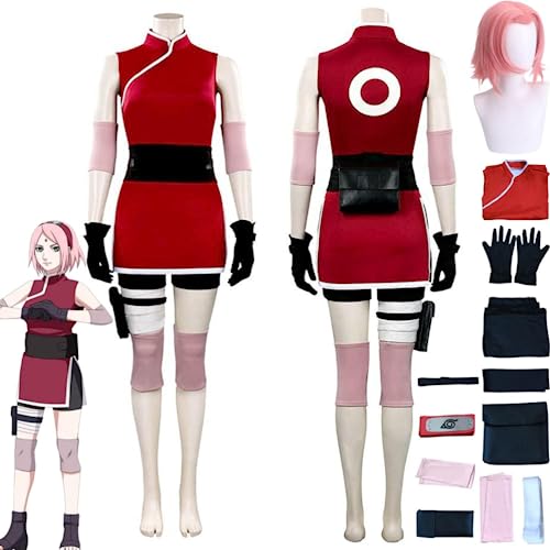 Rcrllya Anime Charakter Haruno Sakura Cosplay Kostüm Outfit Rolle Spielen Rot Uniform Full Set Halloween Carnival Party Anzug mit Perücke (Kostüm+ Perücke,L) von Rcrllya