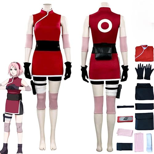 Rcrllya Anime Charakter Haruno Sakura Cosplay Kostüm Outfit Rolle Spielen Rot Uniform Full Set Halloween Carnival Party Anzug mit Perücke (Kostüm,L) von Rcrllya