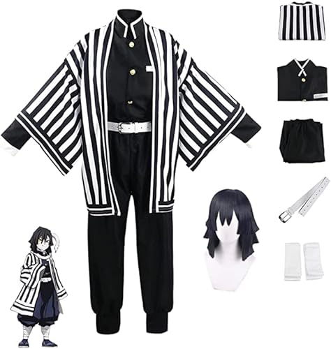 Rcrllya Anime Dämon Slayer Cosplay Kostüm für Iguro Obanai Outfit Halloween Party Kimono Streifen Uniform mit Perücke (Obanai,L) von Rcrllya