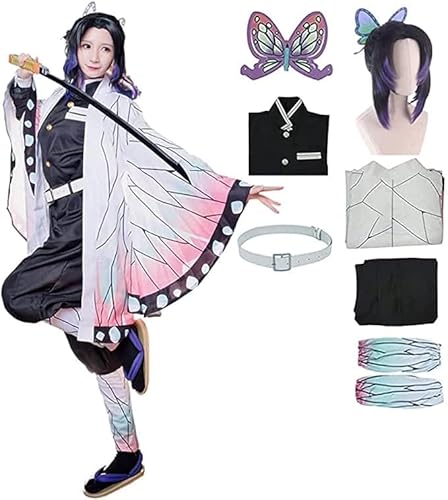 Rcrllya Anime Dämon Slayer Kochou Shinobu Kostüm Kimono Outfit Halloween Party Uniform mit Perücke Erwachsenen Geschenk (Set Perücke,M) von Rcrllya