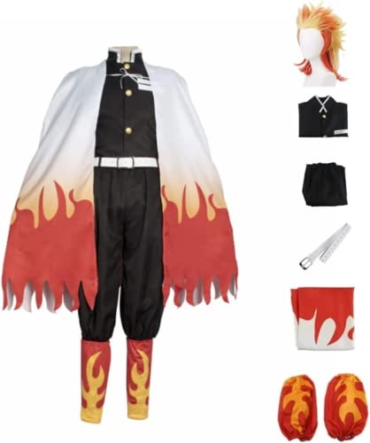 Rcrllya Anime Demon Slayer Rengoku Kyoujurou Outfit Cosplay Kostüm Zubehör Anzug Uniformen Kostüme Perücke Party Geschenk (M,Set Perücke) von Rcrllya