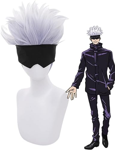 Rcrllya Anime Jujutsu Kaisen Cosplay Perücke, Gojo Satoru Perücke, Staubige Blaue Kurzhaar Rolle Spiel perücke mit Perücken Kappe, für Halloween Kostüm Party von Rcrllya