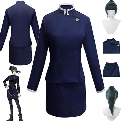 Rcrllya Anime Jujutsu Kaisen Zenin Maki Cosplay Kostüm Outfit Kugisaki Nobara Blaue Uniform Voll Set Halloween Karneval Party Anzug (Kostüm und Perücke,XXL) von Rcrllya