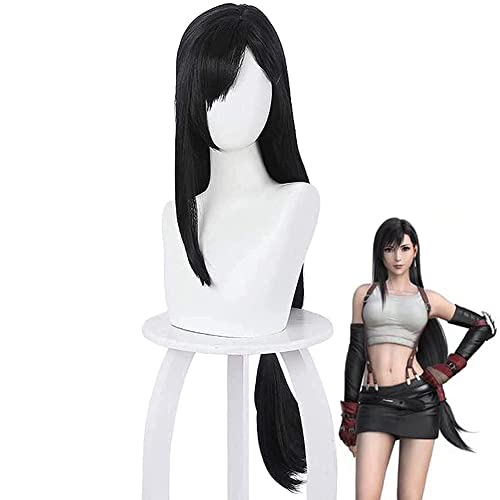 Rcrllya Tifa Lockhart Cosplay Perücke Anime Final Fantasy 7 Lange Schwarz Gerade Kostüm Haar für Frauen Mädchen Halloween Party Synthetische Perücke von Rcrllya