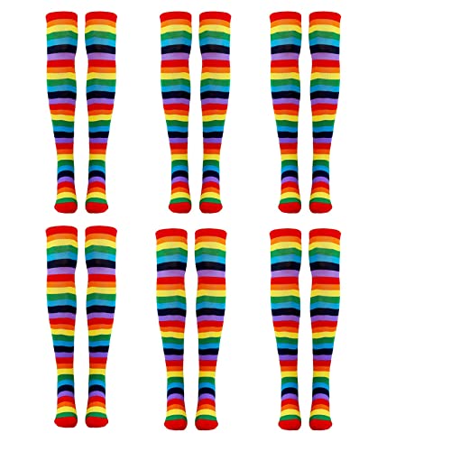 Rdjumpdjo 6X Regenbogengestreifte Socken ÜBer Dem Knie Clown Gestreiftes Kostüm Hohe Strümpfe für Halloween Cosplay Partys von Rdjumpdjo