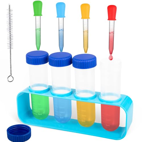 Rdlobu 10 Stück Pipetten Kinder Set 4 Silikon Kunststoff Pipette 5ml + 4 Reagenzgläser 50ml + Reagenzglasständer + Bürsten, Transparente Pipette Kinder, Pipette für Kreative Labor Kinder Experimente von Rdlobu